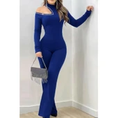 Lucky Life Kadın Tek Omuzdan Açık Balıkçı Yaka Taş Detaylı Uzun Ithal Krep Tulum thumbnail 3