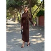 Lucky Life Kadın Uzun Kollu Bisiklet Yaka Yandan Bağlamalı Uzun Modal Elbise thumbnail 3