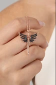 925 ayar gümüş kolye rose siyah taşlı kanatlı kılıç modeli kolye SGTL13143SIYAH thumbnail 1