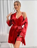 MDB MdbShop Dantel İşlemeli İnce Askılı Kırmızı Saten 2li Gecelik Sabahlık Takımı thumbnail 2