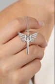 925 ayar gümüş kolye rodyumlu zirkon taşlı kanatlı kılıç modeli kolye SGTL13143RODAJ thumbnail 1