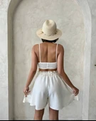 Volanlı keten şort bej s255058 thumbnail 2