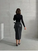 Kuşaklı uzun deri etek siyah h26414 thumbnail 5