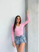 V yaka çizgili bluz pembe thumbnail 5