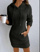 MDB Kadın Uzun Kollu Kapşonlu Cepli Mini Peluş Elbise thumbnail 2