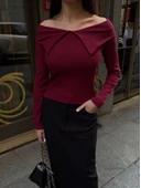 Kelebek yaka uzun kol bluz bordo thumbnail 1