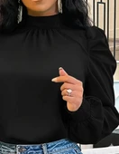 MDB Kadın Uzun Kollu Balıkçı Yaka Arkadan Bağlamalı Omuzlardan Balon Ithal Krep Bluz thumbnail 2