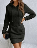 MDB Kadın Uzun Kollu Kapşonlu Cepli Mini Peluş Elbise thumbnail 3