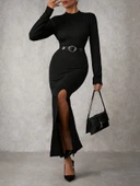 Yırtmaçlı jakarlı uzun elbise siyah thumbnail 2