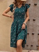 MDB Kadın Kısa Kollu V Yakalı Beli Lastikli çiçek Desenli Süprem Elbise thumbnail 5