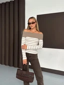 Çizgili madonna yaka kaşkorse bluz bej a844 thumbnail 1