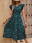 MDB Kadın Kısa Kollu V Yakalı Beli Lastikli çiçek Desenli Süprem Elbise thumbnail 2