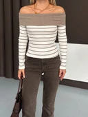 Çizgili madonna yaka kaşkorse bluz bej a844 thumbnail 2