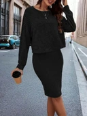 MDB Kadın Uzun Kollu Iki Yanı Açık Yaka Detaylı Bluz Ve Etek şardonlu Kaşkorse Ikili Takım thumbnail 4