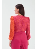 Kruvaze Desenli Bodysuit - Oranj-Fuşya thumbnail 4