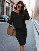 MDB Kadın Uzun Kollu Iki Yanı Açık Yaka Detaylı Bluz Ve Etek şardonlu Kaşkorse Ikili Takım thumbnail 1