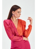 Kruvaze Desenli Bodysuit - Oranj-Fuşya thumbnail 3