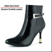 Erkan saçmacı Siyah Rugan Hakiki Dana Derisi Tokalı Fermuarlı Sivri Burun İnce Topuklu Günlük Bot thumbnail 3