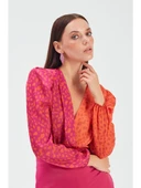 Kruvaze Desenli Bodysuit - Oranj-Fuşya thumbnail 2