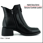 Erkan saçmacı  Siyah Hakiki Dana Derisi Tokalı Fermuarlı Yuvarlak Burun Kalın Topuklu Günlük Bot thumbnail 3
