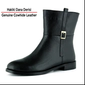 Erkan saçmacı Siyah Hakiki Dana Derisi Tokalı Fermuarlı Yuvarlak Burun Kalın Topuklu Günlük Bot thumbnail 2