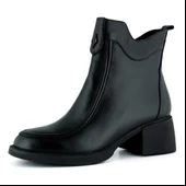 Erkan saçmacı  Siyah Hakiki Dana Derisi Tokalı Fermuarlı Yuvarlak Burun Kalın Topuklu Günlük Bot thumbnail 1