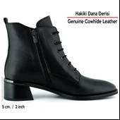 Erkan saçmacı  Siyah Hakiki Dana Derisi Bağcıklı Fermuarlı Yuvarlak Burun Kalın Topuklu Günlük Bot thumbnail 3