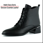 Erkan saçmacı  Siyah Hakiki Dana Derisi Bağcıklı Fermuarlı Yuvarlak Burun Kalın Topuklu Günlük Bot thumbnail 2