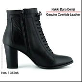 Erkan saçmacı  Siyah Hakiki Dana Derisi Bağcıklı Fermuarlı Sivri Burun Kalın Topuklu Günlük Bot thumbnail 3