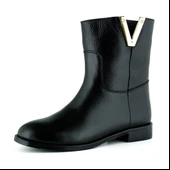 Erkan saçmacı  Siyah Hakiki Dana Derisi Metal Detaylı Fermuarlı Yuvarlak Burun Kalın Topuklu Günlük Bot thumbnail 1