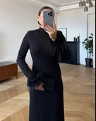 MDB Kadın Uzun Kollu Balıkçı Yaka Kol Ağzı Tüy Detaylı Uzun Krep Elbise thumbnail 2