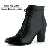 Erkan saçmacı  Siyah Hakiki Dana Derisi Bağcıklı Fermuarlı Sivri Burun Kalın Topuklu Günlük Bot thumbnail 2