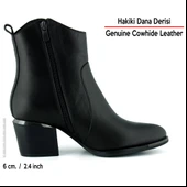 Erkan saçmacı  Siyah Hakiki Dana Derisi Tokalı Fermuarlı Sivri Burun Kalın Topuklu Günlük Bot thumbnail 3