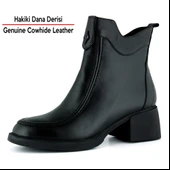 Erkan saçmacı  Siyah Hakiki Dana Derisi Tokalı Fermuarlı Yuvarlak Burun Kalın Topuklu Günlük Bot thumbnail 2