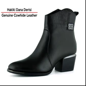 Erkan saçmacı  Siyah Hakiki Dana Derisi Tokalı Fermuarlı Sivri Burun Kalın Topuklu Günlük Bot thumbnail 2