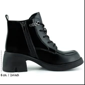 Erkan saçmacı  Siyah Rugan Bağcıklı Fermuarlı Kürk Astarlı Yuvarlak Burun Kalın Topuklu Günlük Bot thumbnail 2