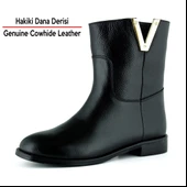 Erkan saçmacı  Siyah Hakiki Dana Derisi Metal Detaylı Fermuarlı Yuvarlak Burun Kalın Topuklu Günlük Bot thumbnail 2