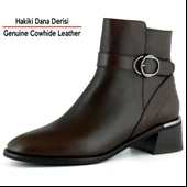 Erkan saçmacı  Kahverengi Hakiki Dana Derisi Tokalı Fermuarlı Yuvarlak Burun Kalın Topuklu Günlük Bot thumbnail 2