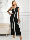 Kadın Uzun V Yakalı önden Pulpayet Detaylı Tüllü Uzun Ithal Krep Tulum thumbnail 2