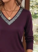MDB Kadın Uzun Kollu V Payet Yakalı Viskon Mürdüm Bluz thumbnail 2