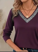 MDB Kadın Uzun Kollu V Payet Yakalı Viskon Mürdüm Bluz thumbnail 3