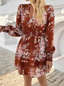 MDB Kadın Uzun Kollu Kruvaze Yakalı çiçek Desenli Mini Süprem Elbise thumbnail 2