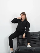 BİÇOMİ 3 iplik içi Şardonlu yarım fermuarlı alt üst takım siyah thumbnail 2