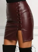 MDB Kadın Yüksek Bel Yandan çapraz Bağcıklı Yırtmaçlı Mini Deri Etek thumbnail 2