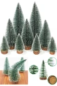 Yeni Yıl Dekoru Kar Efektli 9 Adet Yılbaşı Mini Çam Ağaçları Seti Doğal Ahşap Tabanlı 8 - 12 - 15 CM thumbnail 1