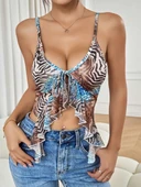 MDB MdbShop Leopar Desenli İnce Askılı Önden Bağlamalı Fırfır Detaylı Crop thumbnail 1