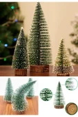 Yeni Yıl Dekoru Kar Efektli 9 Adet Yılbaşı Mini Çam Ağaçları Seti Doğal Ahşap Tabanlı 8 - 12 - 15 CM thumbnail 3