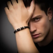 Orijinal Deri ve 316L Çelik Siyah Erkek Bileklik 31834B21D1 thumbnail 2