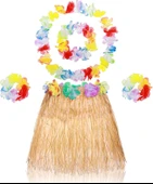 Yetişkin Çocuk Hawaii Parti Seti - 40 cm Naturel Etek + Çiçek Aksesuarlar (5 Parça) thumbnail 2