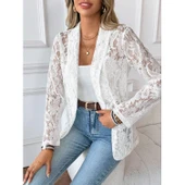 Lucky Life Kadın Uzun Kollu Yakalı önü Açık Dantelli Ceket thumbnail 3